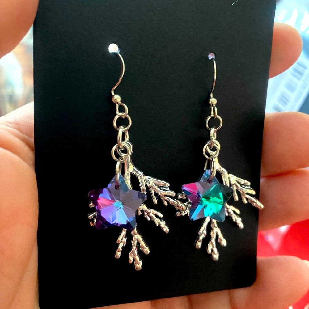 Silver Starburst branch Earrings with Multicolor shift turquoise purple Crystals